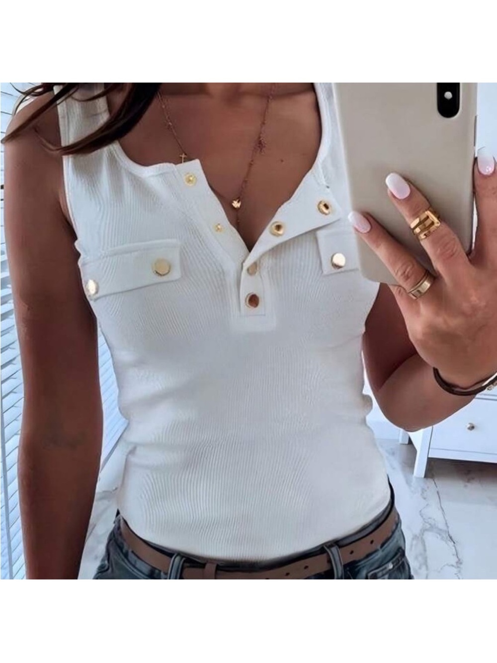 Ribbed Sleeveless Tank with Gold Button Details - White - Picture 2 of 2